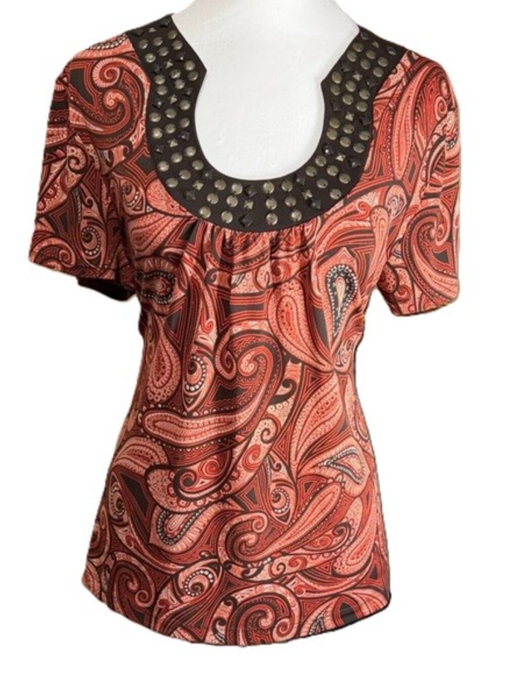 Apt. 9 Stud-Trim Red/Orange Paisley Studded Scoop-Neck Women's Top Boho